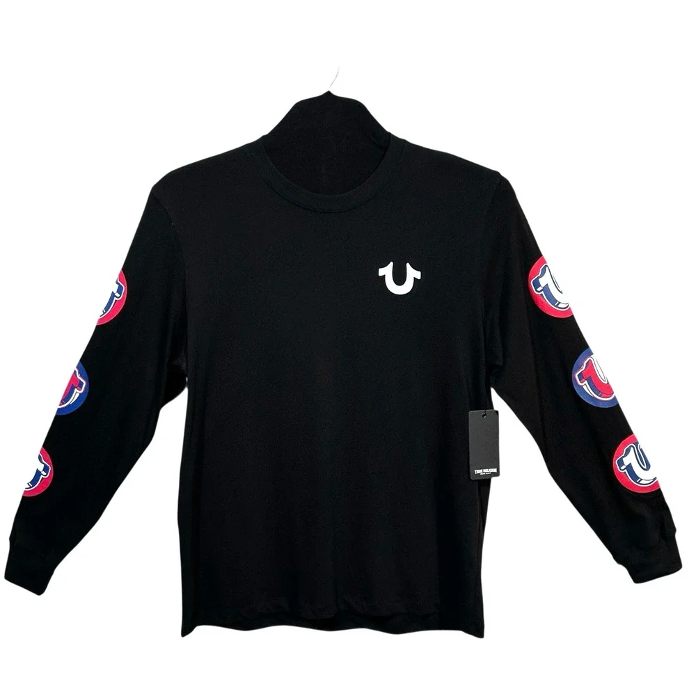 True Religion Men's Pop Horse Shoe Logo Long Sleeve‎ Tee Size XL Black Crew Neck